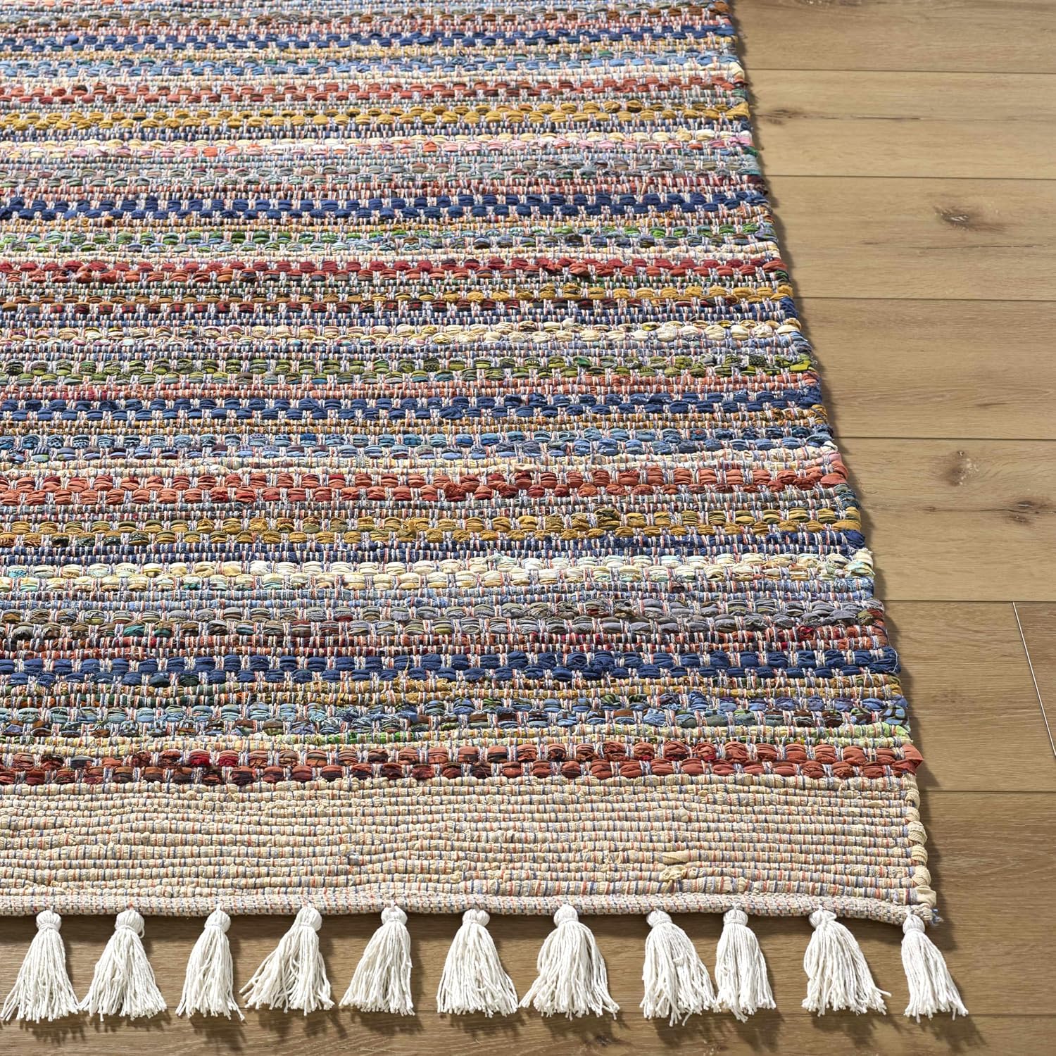 BoutiqueRugs Indigo Striped Transitional Cotton 5x7 Area Rug Hand Woven Tan Rust Olive Mustard Charcoal Ivory Bohemian Brenda Living Room Bedroom Dining Room Home Office Apartment Stain Resistant