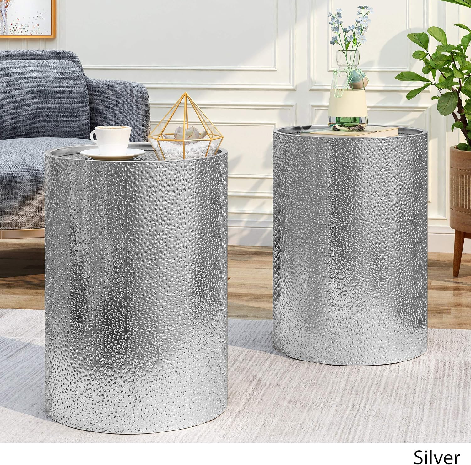 Christopher Knight Home Kaylee Modern Round Hammered Iron Accent Table (2 Pack) -Silver 16 in x 16 in x 22.25 in