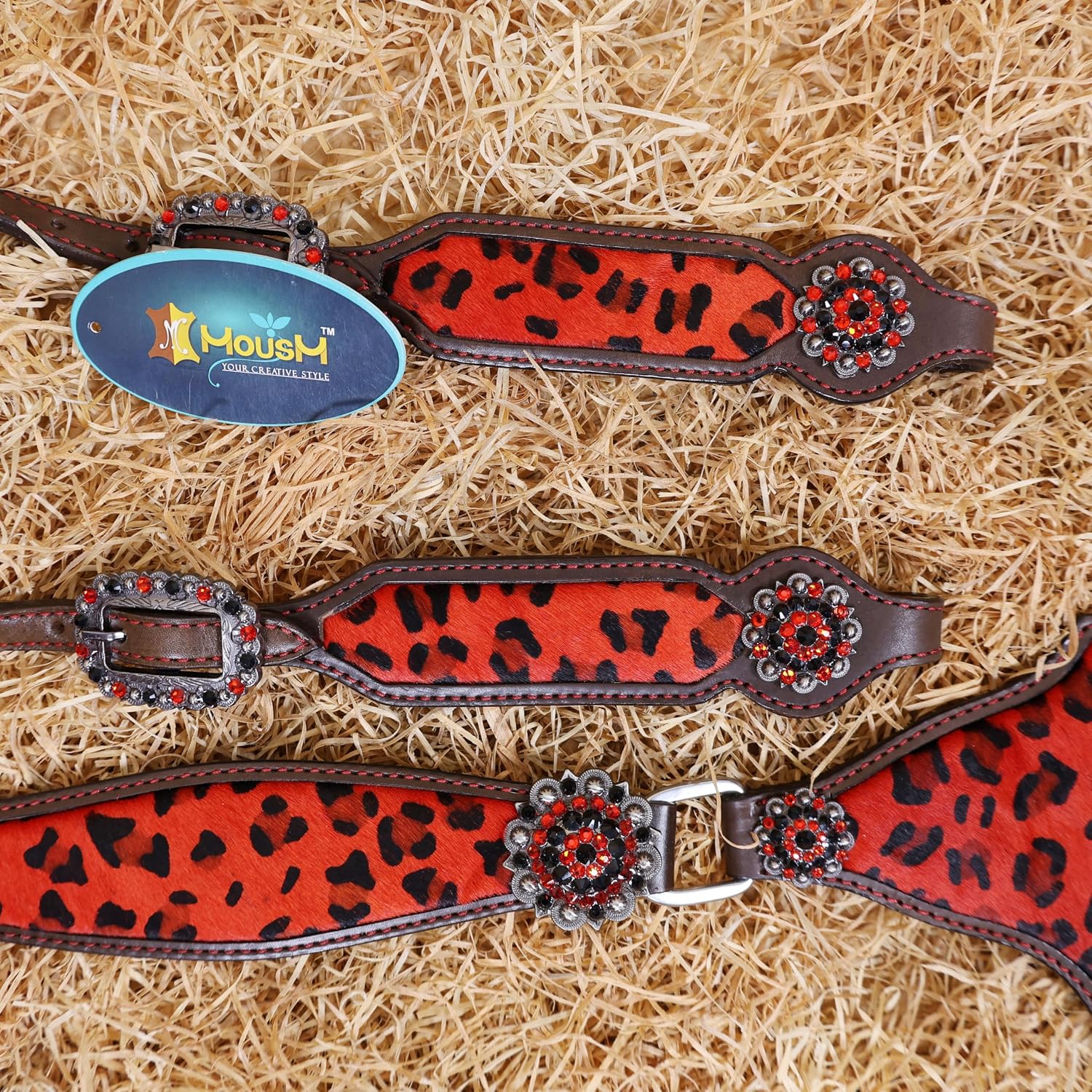 Cheetah Headstall & Breast Collar Tack Set – Gladiator Style with Leopard Print on Leather | Genuine Argentine Cow Leather | Antique Nickel Hardware & Copper Rivet Buckles