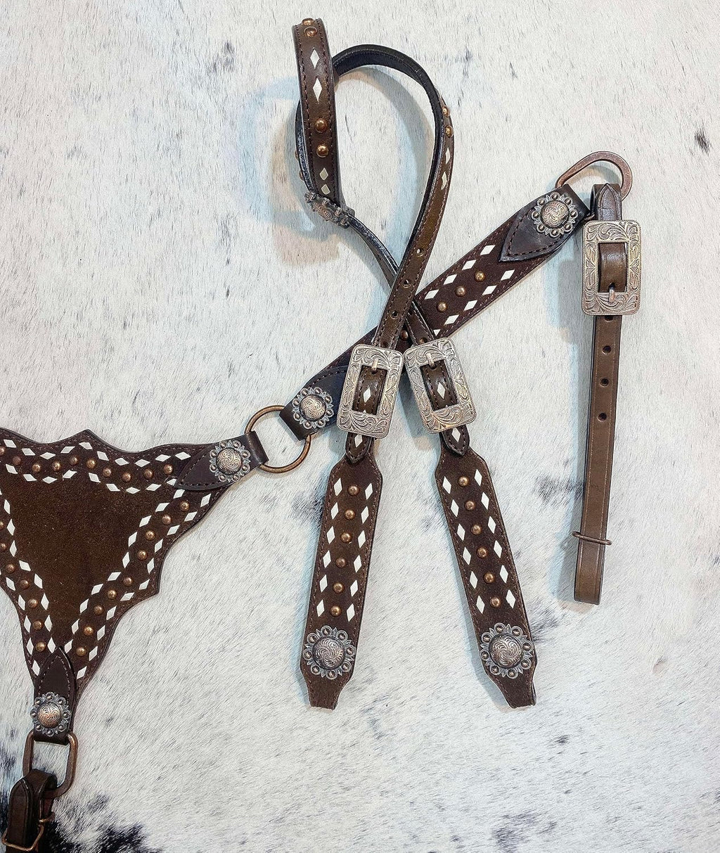Argentina Cow Leather One Ear Headstall and Breast Collar Set - White Rawhide Buck Stitching & Copper Studs Detailing