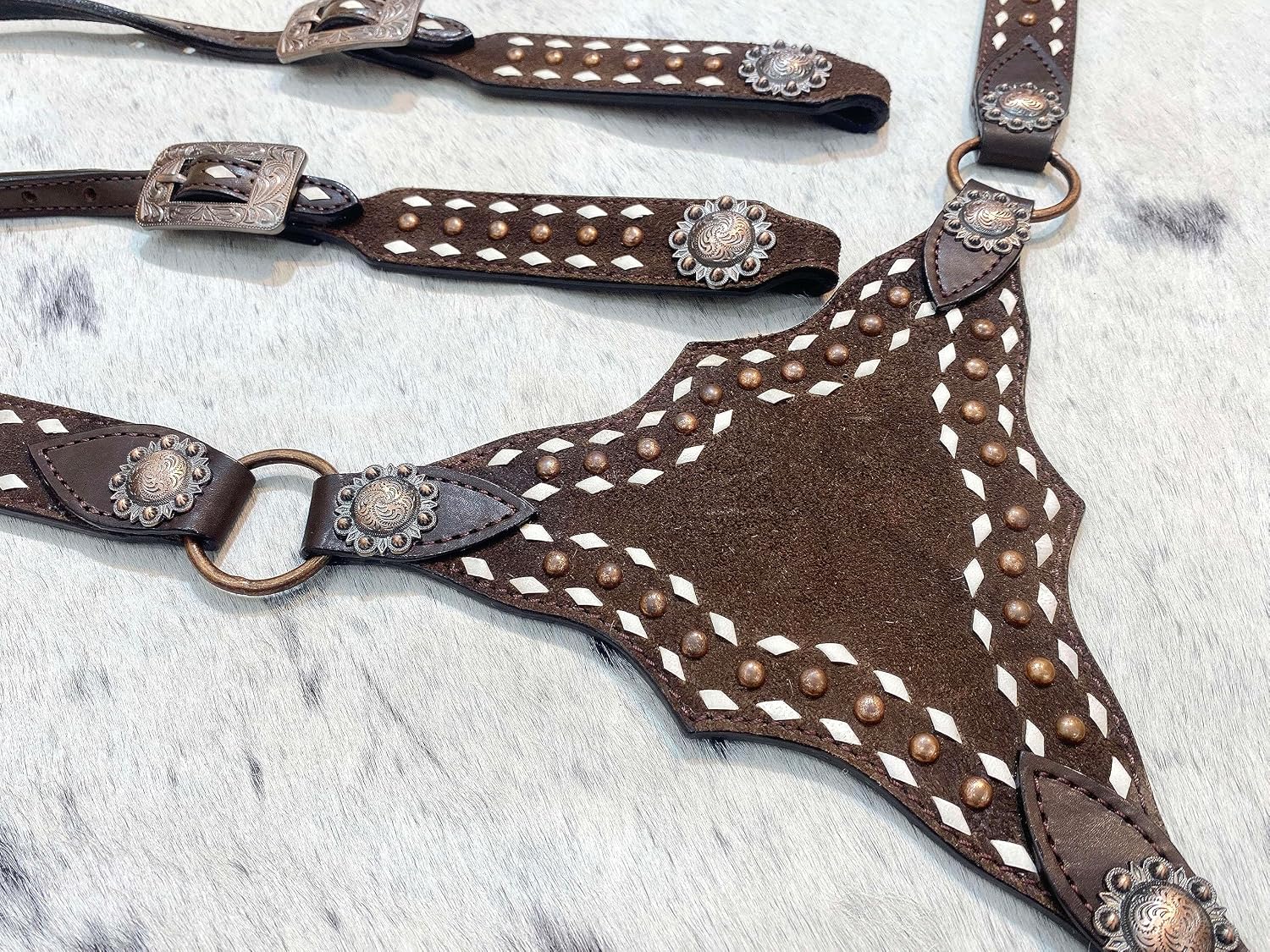 Argentina Cow Leather One Ear Headstall and Breast Collar Set - White Rawhide Buck Stitching & Copper Studs Detailing