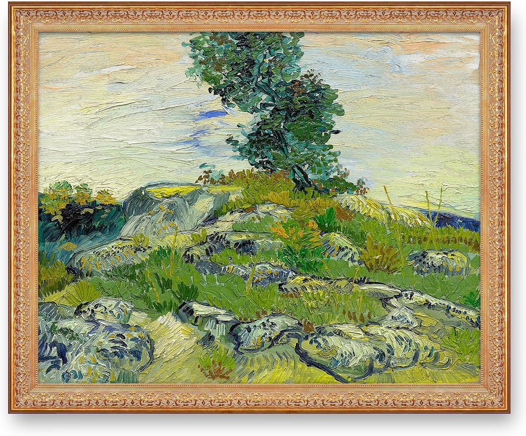 A&T ARTWORK The Rocks by Vincent Van Gogh.Framed Size:40.5x34.5 inches,Image Size:36x30 inches World Classic Reproductions For HomeDecor,Golden Frame