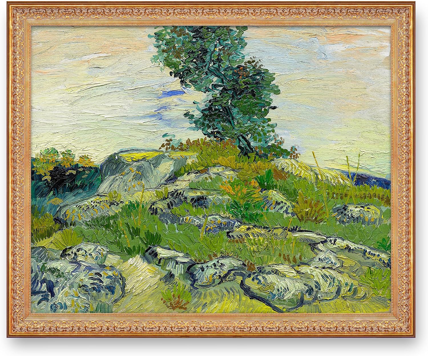A&T ARTWORK The Rocks by Vincent Van Gogh.Framed Size:40.5x34.5 inches,Image Size:36x30 inches World Classic Reproductions For HomeDecor,Golden Frame