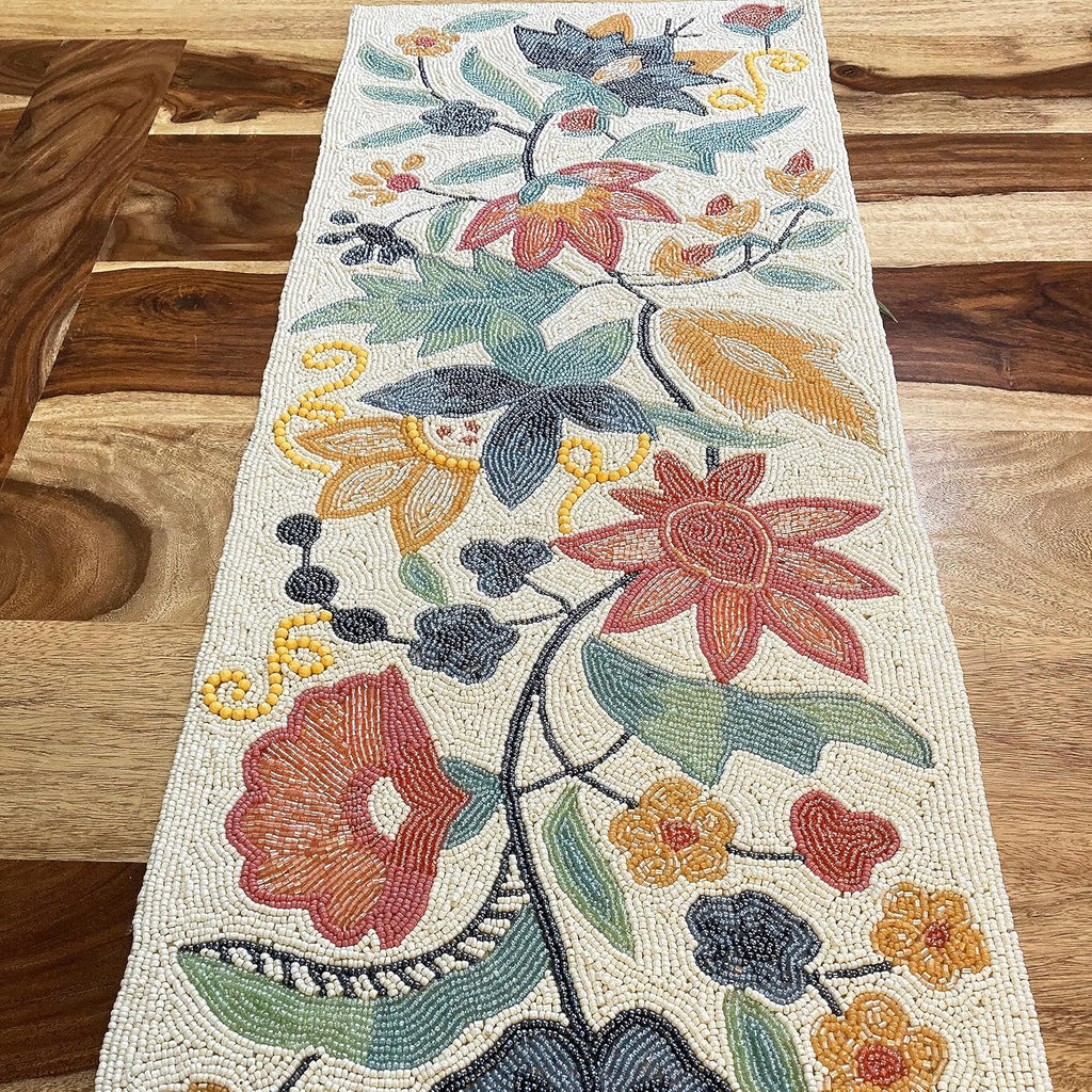 Enliven Handmade XL Table Runner, Beaded Table Runner, Spring Floral Bead Runner, 13x60inch, Multicolour