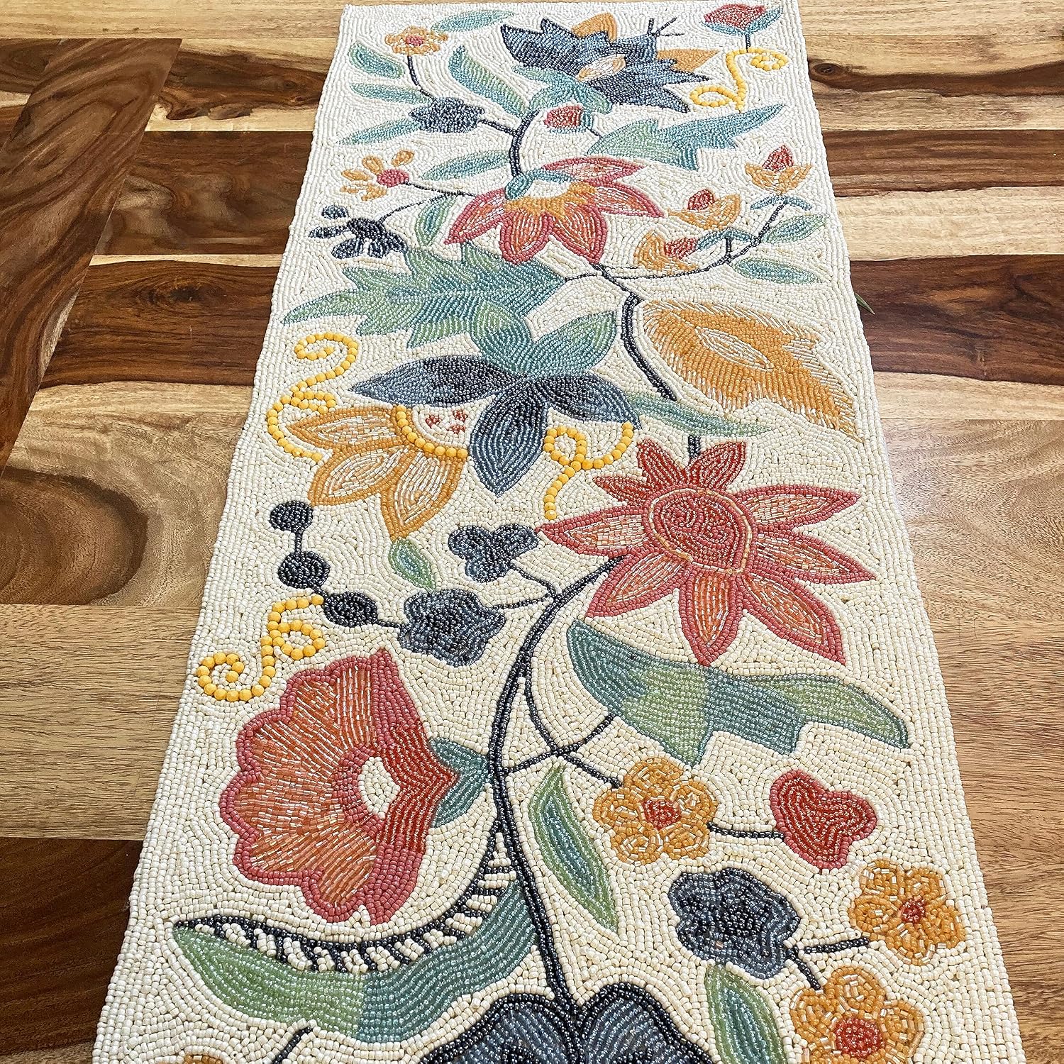 Enliven Handmade XL Table Runner, Beaded Table Runner, Spring Floral Bead Runner, 13x60inch, Multicolour