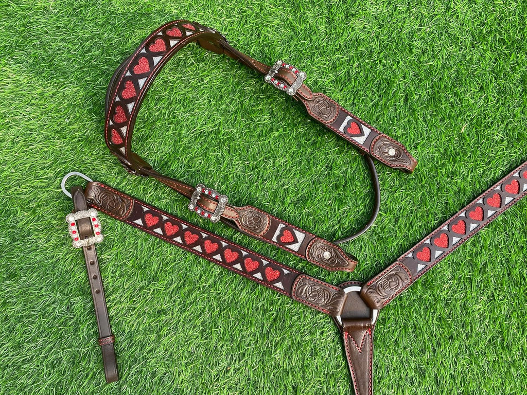 Premium Browband Horse Tack Set - Argentina Cow Leather Headstall & Breast Collar with Red Heart Design, Western Style, Durable Antique Nickel Hardware, Handcrafted Quality, Ideal for Show & Trail