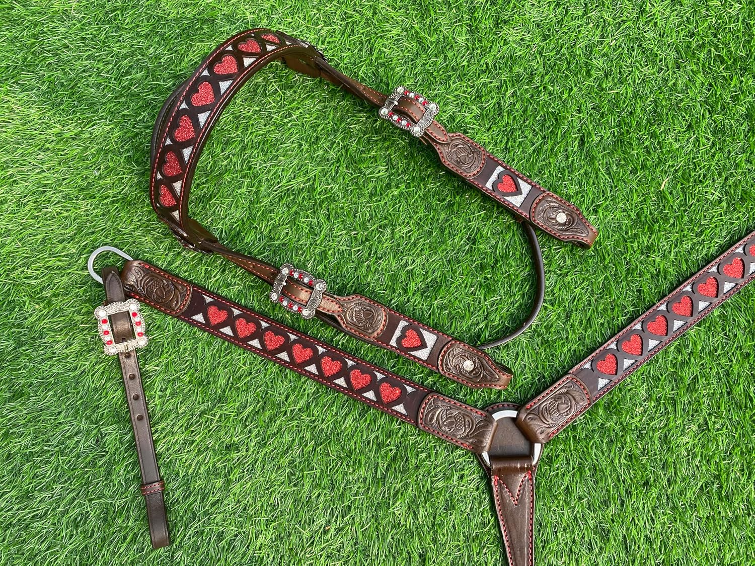 Premium Browband Horse Tack Set - Argentina Cow Leather Headstall & Breast Collar with Red Heart Design, Western Style, Durable Antique Nickel Hardware, Handcrafted Quality, Ideal for Show & Trail