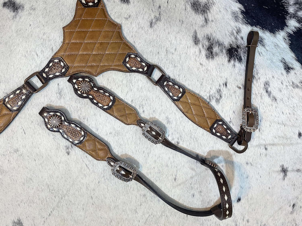 One Ear Western Headstall Bridle Breast Collar Set - Red Rivets and Copper Studs -Genuine Argentina Cow Leather
