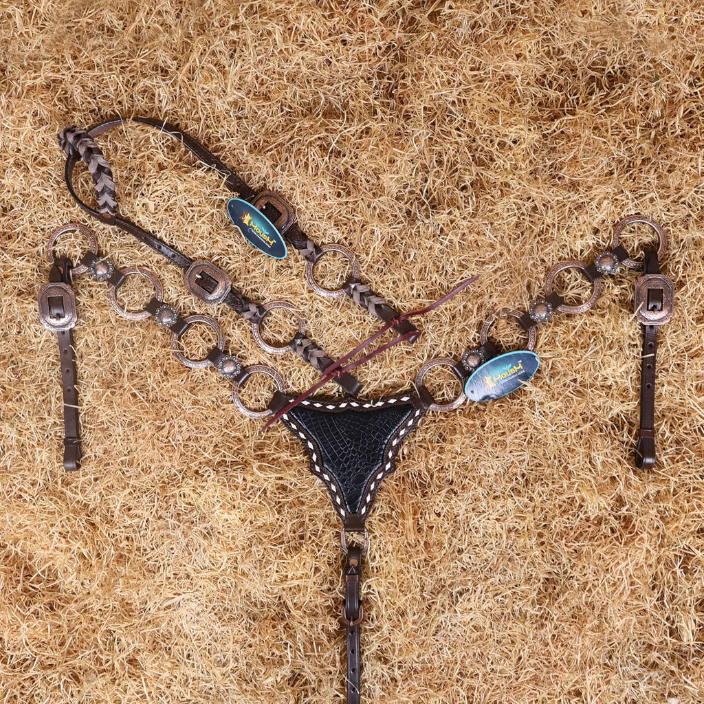 Western Ring Headstall and Breast Collar Set – Copper Rings, Black Alligator Leather Braiding & Cowhide Buck Stitching – Argentina Cow Leather, Antique Copper Hardware