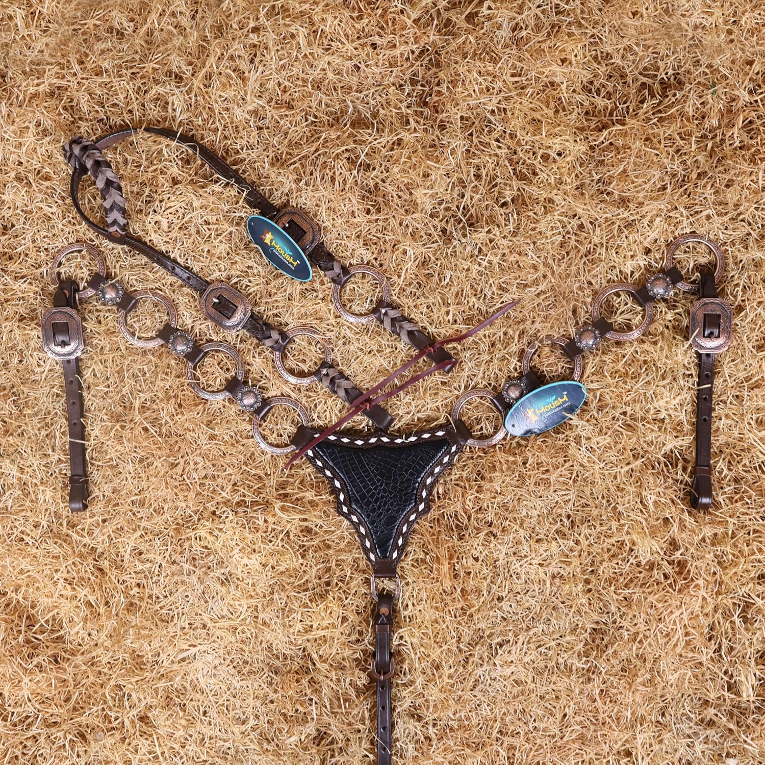Western Ring Headstall and Breast Collar Set – Copper Rings, Black Alligator Leather Braiding & Cowhide Buck Stitching – Argentina Cow Leather, Antique Copper Hardware