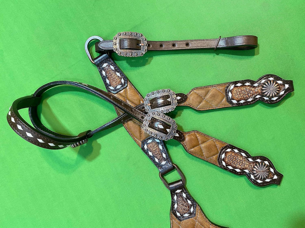 One Ear Western Headstall Bridle Breast Collar Set - Red Rivets and Copper Studs -Genuine Argentina Cow Leather