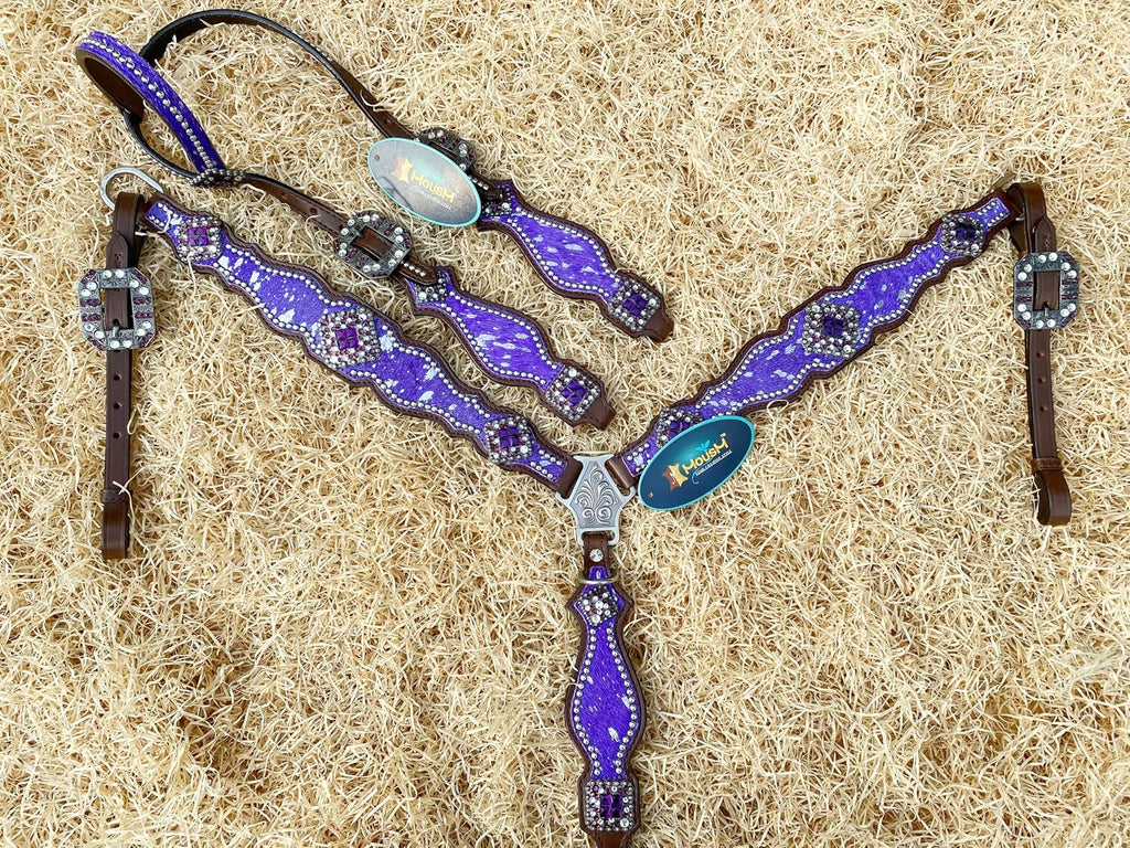 Western Leather Headstall & Breast Collar Set for Horses - Valentine's Day Silver Metallic Cowhide with Rhinestones