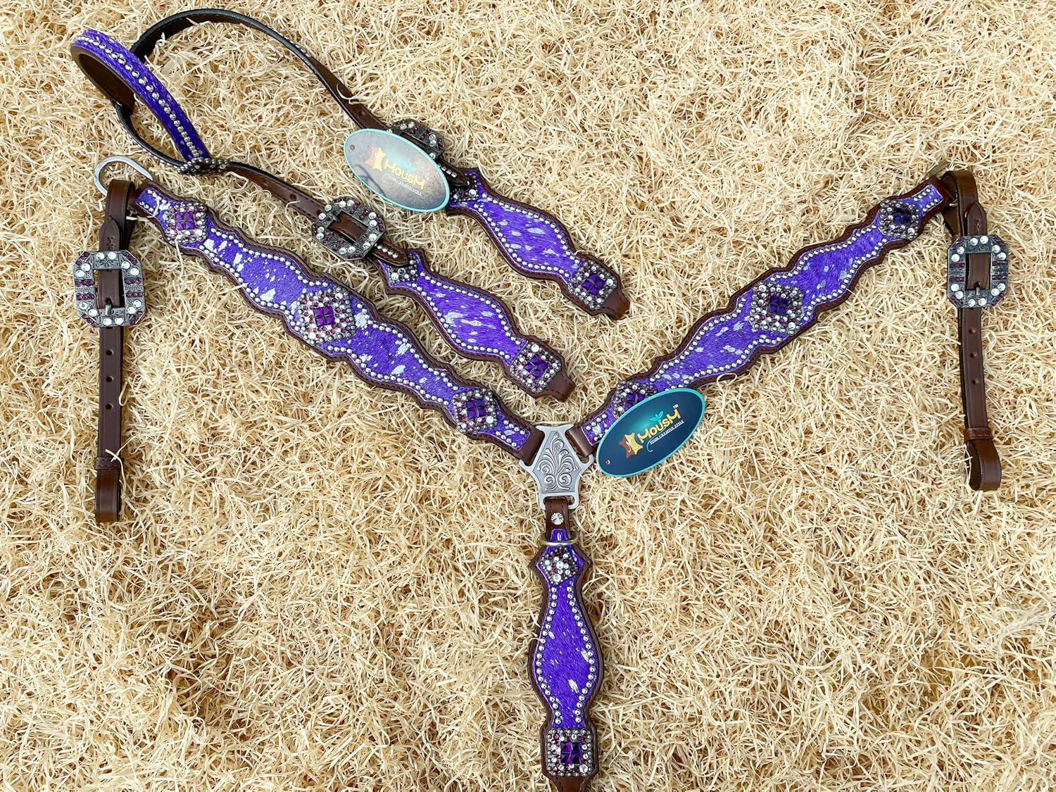 Western Leather Headstall & Breast Collar Set for Horses - Valentine's Day Silver Metallic Cowhide with Rhinestones