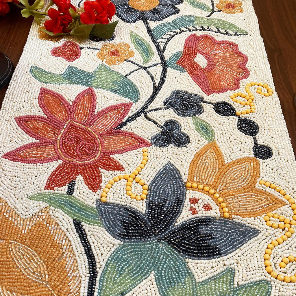 Enliven Handmade XL Table Runner, Beaded Table Runner, Spring Floral Bead Runner, 13x60inch, Multicolour