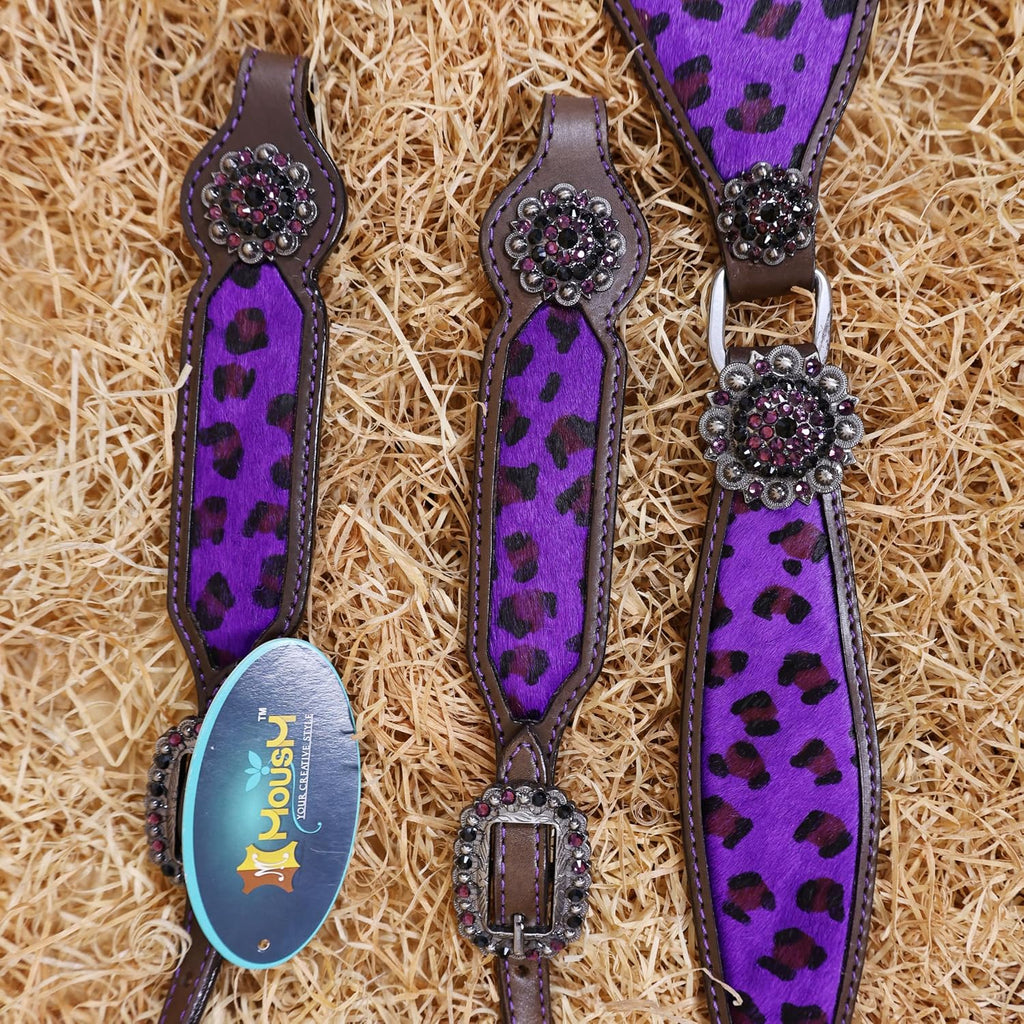 Cheetah Headstall & Breast Collar Tack Set – Gladiator Style with Leopard Print on Leather | Genuine Argentine Cow Leather | Antique Nickel Hardware & Copper Rivet Buckles