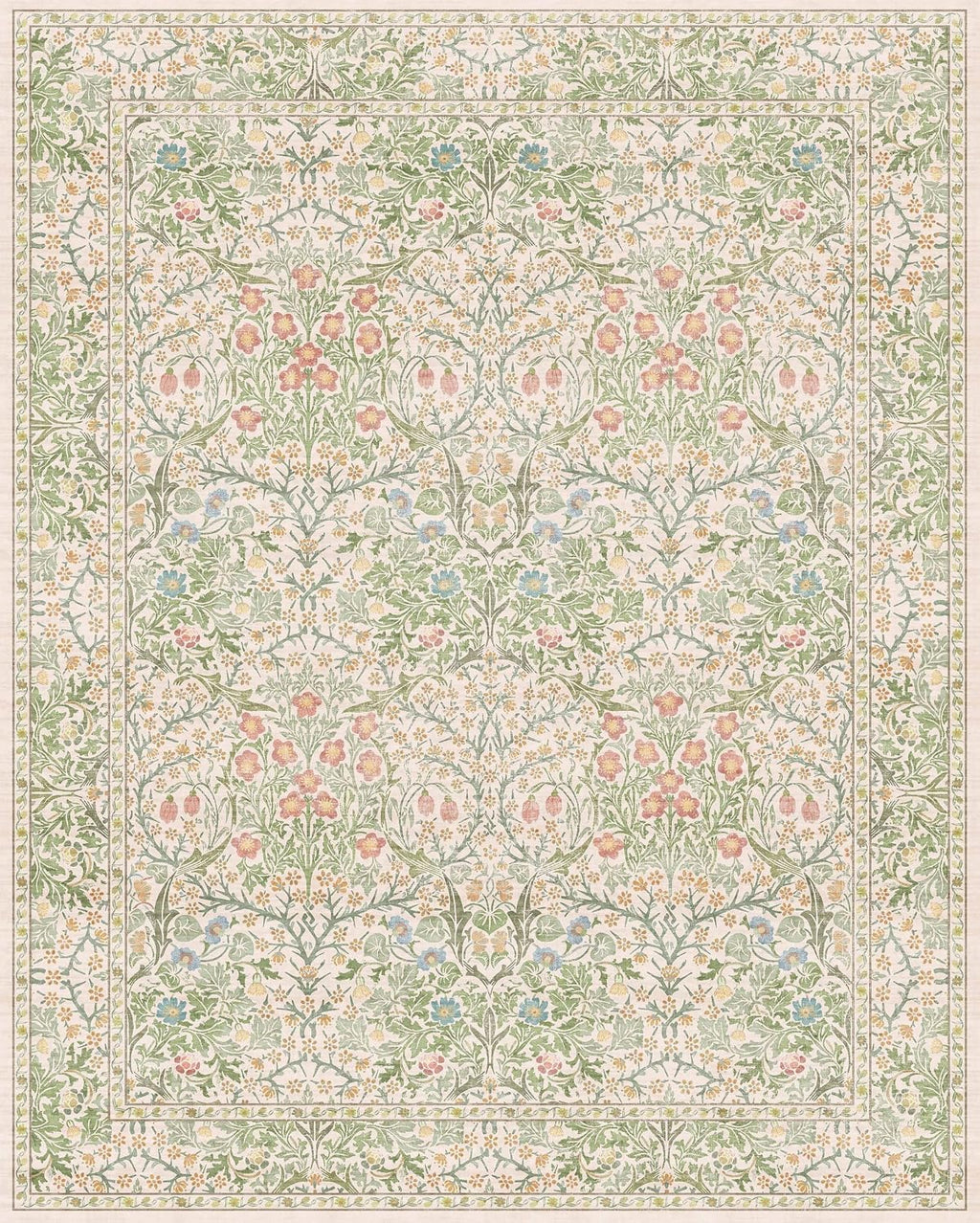 Cream Green Washable 8x10 Area Rugs for Living Room, Bedroom, Dining Room Under Table, Playroom, Stain Resistant Non-Slip Light Green Carpet with Pale Yellow and Pink Blossoms and Blue Flowers
