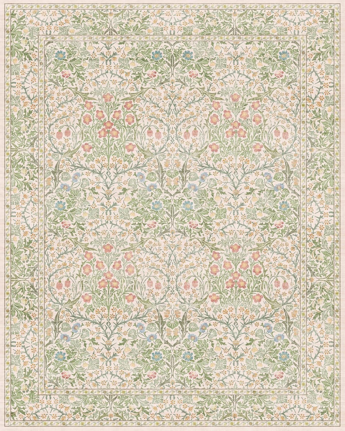 Cream Green Washable 8x10 Area Rugs for Living Room, Bedroom, Dining Room Under Table, Playroom, Stain Resistant Non-Slip Light Green Carpet with Pale Yellow and Pink Blossoms and Blue Flowers